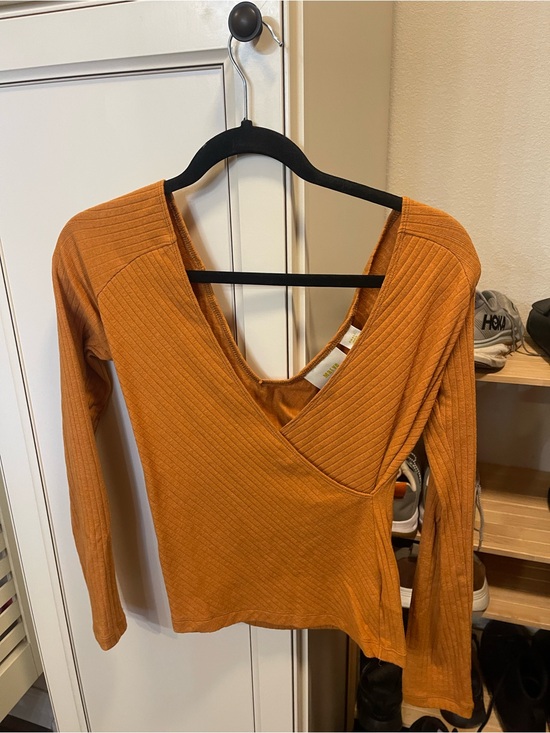 Anthropologie Tops - Anthropologie Ribbed Wrap-Front Long Sleeve Top in Rust